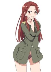 1girl 8sjqzhap4pupzkc absurdres blush closed_mouth green_jacket highres jacket long_hair looking_at_viewer military military_uniform minna-dietlinde_wilcke no_pants panties red_eyes red_hair red_panties simple_background solo standing strike_witches underwear white_background world_witches_series