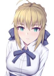Rule 34 | 1girl, absurdres, ahoge, artoria pendragon (all), artoria pendragon (fate), black ribbon, blonde hair, braid, braided bun, breasts, buttons, closed mouth, collared shirt, commentary request, fate/stay night, fate (series), green eyes, hair between eyes, hair bun, hair ribbon, highres, large breasts, looking at viewer, neck ribbon, ohguro mariya, ribbon, saber (fate), shirt, simple background, single hair bun, solo, white background, white shirt