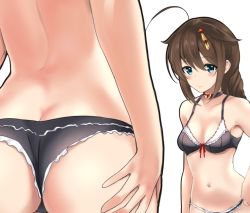 Rule 34 | 1girl, ahoge, ass, bare shoulders, black bra, black panties, blue eyes, blush, bra, braid, breasts, brown hair, cleavage, closed mouth, collarbone, commentary request, eureka (eureka-0075), frilled panties, frills, hair flaps, hair ornament, kantai collection, long hair, looking at viewer, multiple views, navel, panties, red ribbon, ribbon, ribbon-trimmed bra, shigure (kancolle), sidelocks, simple background, single braid, small breasts, stomach, underwear, underwear only, white background