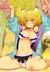 Rule 34 | 1girl, 2boys, absurdres, animal ears, armpits, arms up, barefoot, bikini, blonde hair, blood, breasts, cat ears, cleavage, clenched teeth, halterneck, highres, hood, hooded jacket, hoodie, hyocorou, injury, jacket, large breasts, multiple boys, navel, non-web source, off shoulder, original, sitting, solo focus, strap gap, sweat, swimsuit, tail, teeth, thighs, tiger ears, tiger tail, underboob, wariza, white bikini, yellow eyes, zoom layer