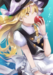 Rule 34 | 1girl, absurdres, apple, apron, back bow, black hat, black skirt, black vest, blonde hair, blue background, bow, breasts, commentary request, eating, food, frilled bow, frills, fruit, hat, hat bow, highres, holding, holding food, holding fruit, kirisame marisa, long hair, puffy short sleeves, puffy sleeves, shi shi96, shirt, short sleeves, skirt, small breasts, solo, sparkle, touhou, turtleneck, very long hair, vest, waist apron, waist bow, white apron, white bow, white shirt, witch, witch hat, wrist cuffs, yellow eyes