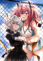 Rule 34 | 2girls, :p, :t, absurdres, arknights, ascot, azur lane, bad hands, bare legs, bare shoulders, black ascot, black dress, blue sky, blush, breasts, bremerton (azur lane), bremerton (scorching-hot training) (azur lane), center frills, chain-link fence, cleavage, cloud, commentary request, cowboy shot, crop top, crop top overhang, crossed arms, crossover, day, dragon horns, dress, fence, frilled shirt collar, frills, glint, green skirt, grey hair, groin, hair between eyes, hair intakes, hair ornament, hairclip, heart, heart necklace, height difference, highres, horns, jewelry, large breasts, long hair, long sleeves, looking at viewer, medium breasts, midriff, mole, mole on breast, mole under eye, multicolored hair, multiple girls, navel, navel piercing, necklace, piercing, pink eyes, pink hair, seabread, shirt, short hair, sidelocks, signature, skirt, sky, sleeveless, sleeveless shirt, smile, sparkle, sportswear, standing, streaked hair, sword, talulah (arknights), tennis uniform, tongue, tongue out, twintails, two-tone hair, two-tone shirt, two-tone skirt, v, weapon, white hair, white shirt, white skirt, wristband, x hair ornament, yellow eyes