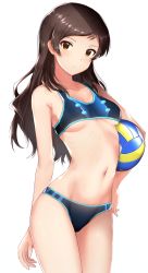 Rule 34 | 1girl, absurdres, arm at side, ball, bare arms, bare shoulders, bikini, blue bikini, blush, breasts, brown eyes, brown hair, closed mouth, collarbone, commentary request, cowboy shot, hand on own hip, highres, holding, holding ball, homco, idolmaster, idolmaster million live!, kitazawa shiho, long hair, looking at viewer, navel, simple background, small breasts, solo, stomach, swimsuit, underboob, volleyball (object), white background