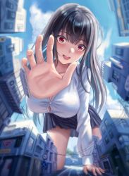 Rule 34 | 1girl, :d, all fours, arm support, black hair, breasts, building, chinese commentary, cloud, dress shirt, giant, giantess, highres, kafkasea, large breasts, long hair, long sleeves, looking at viewer, open mouth, original, pleated skirt, power lines, railing, reaching, reaching towards viewer, red eyes, road, road sign, shirt, sign, skirt, sky, smile, street, teeth, upper teeth only, very long hair, white shirt, yandere