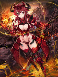 Rule 34 | 1girl, armor, armored boots, backlighting, bikini armor, boots, breasts, buckle, cleavage, demon horns, demon tail, fantasy, faulds, fire, fireball, gauntlets, goomrrat, holding, holding sword, holding weapon, horns, large breasts, long hair, midriff, navel, original, panties, pauldrons, pointy ears, pubic tattoo, red eyes, red hair, red panties, shoulder armor, slit pupils, solo, soul edge (weapon), sparkle, sword, tail, tattoo, underwear, weapon