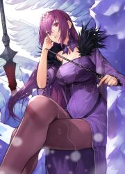 Rule 34 | 1girl, absurdres, commentary request, dress, fate/grand order, fate (series), feather trim, fur-trimmed dress, fur trim, hair between eyes, headpiece, highres, holding, holding wand, crossed legs, pantyhose, purple dress, purple hair, red eyes, scathach (fate), scathach skadi (fate), sitting, smile, solo, throne, tiara, wand, wings, yoshio (55level)