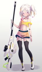 Rule 34 | 1girl, absurdres, black thighhighs, breasts, crop top, full body, highres, holding, holding weapon, looking at viewer, midriff, original, pink eyes, see-through, see-through shorts, shorts, side ponytail, small breasts, solo, standing, tank top, thighhighs, trimbil, weapon, white footwear, white hair, yellow tank top