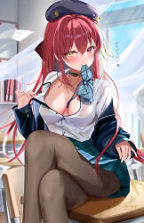 Rule 34 | 1girl, beret, black choker, blush, book, bow, bowtie, bowtie in mouth, unworn bowtie, breasts, choker, clothes lift, clothes pull, crossed legs, desk, hat, heterochromia, highres, hololive, houshou marine, houshou marine (businesswoman), houshou marine (school uniform), indoors, kabu usagi, lifted by self, long hair, medium breasts, mouth hold, pantyhose, plaid, plaid skirt, pulled by self, red eyes, red hair, red nails, school desk, shirt, shirt pull, sitting, skirt, skirt lift, solo, thighs, virtual youtuber, white shirt