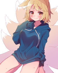 Rule 34 | 1girl, animal ears, blonde hair, blush, breasts, closed mouth, collarbone, commentary request, fang, fang out, fox ears, fox tail, hand on own chest, hood, hoodie, kitsune, long sleeves, looking at viewer, medium breasts, multiple tails, solo, sweat, sweatdrop, tail, thick eyebrows, thighs, touhou, touya (konpekitou), white background, yakumo ran, yellow eyes
