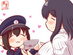 Rule 34 | 2girls, :3, aged down, alternate costume, artist logo, black hair, blue headwear, blush, closed mouth, commentary request, dated, envelope, closed eyes, hair ornament, hat, heart, heart stickers, implied yuri, japanese postal mark, kanon (kurogane knights), kantai collection, mailman, multiple girls, necktie, one-hour drawing challenge, portrait, red necktie, ribbed sweater, shigure (kancolle), simple background, smile, sweater, turtleneck, turtleneck sweater, white background, white sweater, yamashiro (kancolle)