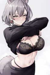 Rule 34 | 1girl, absurdres, animal ears, arknights, black bra, black shirt, bra, breasts, cleavage, clothes lift, commentary, grey background, grey eyes, grey hair, highres, large breasts, lifting own clothes, navel, penance (arknights), penance (occasionally flushed) (arknights), shirt, shirt lift, short hair, simple background, solo, stomach, tail, underwear, upper body, wolf ears, wolf tail, yan kodiac