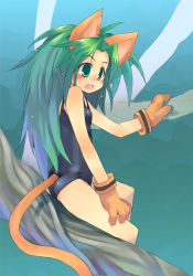 Rule 34 | 1girl, animal ears, animal hands, black one-piece swimsuit, cat ears, cat tail, cham cham, fang, flat chest, gloves, green eyes, green hair, long hair, matching hair/eyes, one-piece swimsuit, paw gloves, samurai spirits, school swimsuit, snk, solo, swimsuit, tail, toba hiyoko