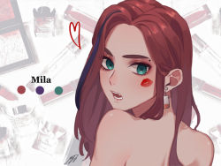 Rule 34 | 1girl, animification, apex legends, aqua eyes, character name, color guide, earrings, eyeshadow, fang, from behind, hair behind ear, iyo (nanaka-0521), jewelry, lipstick mark, long hair, looking at viewer, looking back, makeup, mila alexander, mole, mole above eye, multicolored hair, open mouth, orange hair, purple hair, red eyeshadow, signature, solo, streaked hair