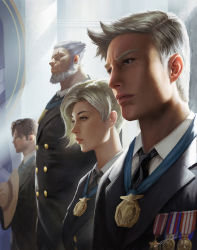 Rule 34 | 1girl, 3boys, beard, blonde hair, brown hair, cassidy (overwatch), contemporary, eyelashes, facial hair, formal, grey hair, hat on chest, highres, lips, medal, mercy (overwatch), military, military uniform, multiple boys, necktie, nose, overwatch, overwatch 1, realistic, reinhardt (overwatch), scar, scar across eye, scar on face, sidelighting, signature, soldier: 76 (overwatch), suit, uniform, upper body, wang chen
