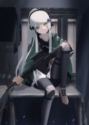 Rule 34 | 1girl, absurdres, agent 416 (girls&#039; frontline), assault rifle, black pantyhose, black shorts, boots, brown footwear, brown gloves, crossover, foot out of frame, girls&#039; frontline, gloves, green eyes, green jacket, gun, h&amp;k hk416, hair ornament, hairclip, hand on table, headset, highres, hk416 (girls&#039; frontline), holding, holding gun, holding weapon, jacket, knee pads, knee up, long hair, long sleeves, looking at viewer, official alternate costume, open clothes, open jacket, open mouth, pantyhose, ponytail, rifle, scenery, scope, shirt, shorts, sidelocks, sitting, solo, table, tactical clothes, teardrop facial mark, teardrop tattoo, thomas 8000, tom clancy&#039;s the division, weapon, white hair, white shirt