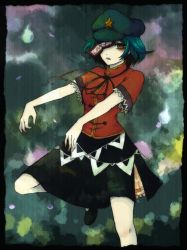 Rule 34 | 1girl, 1st-mn, black border, blue hair, border, brown eyes, chinese clothes, expressionless, flat cap, gradient background, hat, looking at viewer, miyako yoshika, ofuda, one eye covered, outstretched arms, parted lips, short hair, short sleeves, skirt, solo, star (symbol), touhou, zombie pose
