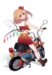 Rule 34 | 1girl, ascot, blonde hair, flandre scarlet, highres, motor vehicle, motorcycle, multicolored wings, one side up, red eyes, red skirt, shadow, simple background, skirt, solo, touhou, touya (konpekitou), wings, yellow ascot