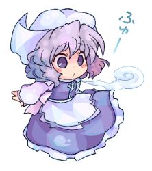 Rule 34 | 1girl, :o, blowing, blush, breath, chibi, female focus, hat, letty whiterock, light purple hair, lowres, outstretched arms, pixel art, pote (ptkan), purple eyes, solo, spread arms, touhou