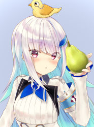 Rule 34 | 1girl, animal, animal on head, armband, bird, blue background, blue hair, blue neckwear, blush, collared jacket, food, fruit, hand up, highres, holding, holding food, holding fruit, jacket, lize helesta, long hair, long sleeves, looking at viewer, monocle, multicolored hair, nijisanji, on head, parted lips, pear, purple eyes, rupe paperu, safety pin, sebastian piyodore, shirt, silver hair, simple background, sleeves past wrists, two-tone hair, virtual youtuber, white jacket, white shirt