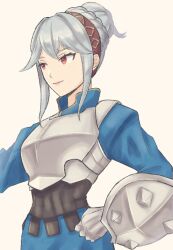Rule 34 | 1girl, armor, breastplate, closed mouth, commentary request, eyelashes, grey hair, hand on own hip, highres, medium hair, pink lips, red eyes, simple background, smile, solo, tea6043, unicorn overlord, virginia (unicorn overlord), white background