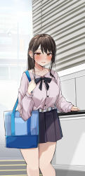 Rule 34 | 1girl, bag, belt, belt buckle, black bow, black hair, black skirt, blush, bow, breasts, brown eyes, buckle, collarbone, collared shirt, commentary request, dress shirt, grey shirt, highres, long hair, long sleeves, looking at viewer, medium breasts, original, parted lips, pleated skirt, puffy long sleeves, puffy sleeves, rouka (akatyann), shirt, skirt, sleeves past wrists, solo, sweat, white belt