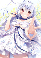 1girl bare_shoulders blue_choker blue_ribbon blurry blurry_foreground blush breasts choker clothing_cutout commentary_request cowboy_shot dress frilled_dress frills gluteal_fold grin hair_between_eyes hand_up highres long_hair looking_at_viewer off-shoulder_dress off_shoulder original outstretched_arm red_eyes ribbon ribbon_choker silver_hair smile solo standing underboob underboob_cutout v very_long_hair white_dress wings yugaa