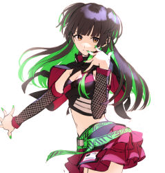 Rule 34 | 1girl, bad id, bad pixiv id, blunt bangs, breasts, brown eyes, brown hair, cleavage, cleavage cutout, closed mouth, clothing cutout, colored inner hair, cowboy shot, detached sleeves, floating hair, green hair, green nails, groin, highres, idolmaster, idolmaster shiny colors, layered skirt, long hair, long sleeves, looking at viewer, mayuzumi fuyuko, midriff, miniskirt, multicolored hair, nail polish, navel, pink skirt, pleated skirt, shiragixx, simple background, sketch, skirt, small breasts, smile, solo, standing, stomach, very long hair, white background