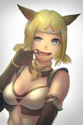 Rule 34 | 1girl, 2023, animal ears, artist name, adventurer (ff11), black gloves, blonde hair, blue eyes, breasts, cactus41747280, cat ears, cat girl, cleavage, dated, elbow gloves, eyelashes, final fantasy, final fantasy xi, finger in own mouth, fingerless gloves, fingernails, gloves, hand up, highres, medium breasts, midriff, mithra (ff11), no eyebrows, open mouth, parted bangs, sharp teeth, short hair, short twintails, smile, solo, teeth, twintails, uneven eyes, upper body