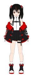 Rule 34 | 1girl, :d, absurdres, bare shoulders, black footwear, black hair, black jacket, black skirt, boots, brown eyes, brown hair, fang, full body, hair between eyes, hair bobbles, hair ornament, highres, jacket, long sleeves, looking at viewer, multicolored hair, nail polish, nanju bami, off shoulder, open clothes, open jacket, open mouth, original, pleated skirt, puffy long sleeves, puffy sleeves, red nails, shirt, simple background, skirt, sleeveless, sleeveless shirt, sleeves past wrists, smile, socks, solo, standing, streaked hair, twintails, v-shaped eyebrows, white background, white shirt, white socks