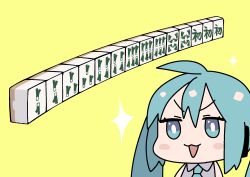 Rule 34 | 1girl, :3, blue eyes, blue hair, bright pupils, chibi, doyagao, hatsune miku, highres, icon 315, mahjong, mahjong tile, simple background, smug, solo, spring onion, twintails, vocaloid, white pupils, yellow background