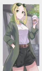 Rule 34 | 1girl, alternate costume, belt, blonde hair, border, breasts, brown belt, coat, coffee cup, commentary request, cowboy shot, creatures (company), cup, disposable cup, dusk poke27, eyewear on head, game freak, green coat, green eyes, hand in pocket, hand up, highres, holding, holding cup, medium breasts, nintendo, open clothes, open coat, outside border, pokemon, pokemon xy, ponytail, shirt, shorts, sidelocks, signature, sunglasses, viola (pokemon), white border, white shirt
