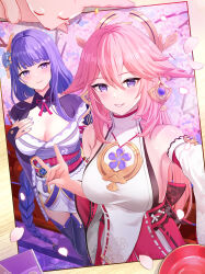 Rule 34 | 2girls, absurdres, bare shoulders, blush, braid, breasts, bridal gauntlets, cherry blossoms, cleavage, closed mouth, detached sleeves, drawing (object), genshin impact, hair between eyes, hair ornament, hand on own chest, highres, japanese clothes, kimono, large breasts, long hair, long sleeves, looking at viewer, low-braided long hair, low-tied long hair, miko, mitsukayurie, multiple girls, nail polish, parted lips, petals, pink hair, purple eyes, purple hair, purple kimono, purple nails, purple thighhighs, raiden shogun, sideboob, signature, smile, thighhighs, very long hair, vision (genshin impact), yae miko