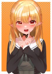 Rule 34 | 1girl, :d, absurdres, black choker, black jacket, black ribbon, blonde hair, border, braid, choker, grey shirt, hair between eyes, highres, hololive, index finger raised, jacket, kyaneton, long hair, long sleeves, looking at viewer, open clothes, open jacket, open mouth, orange background, pointy ears, polka dot, polka dot background, red eyes, ribbon, sailor collar, shiranui flare, shiranui flare (street), shirt, smile, solo, upper body, virtual youtuber, white border, white sailor collar