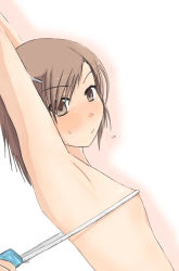 Rule 34 | 1girl, armpits, arms up, blush, breasts, brown eyes, brown hair, bust measuring, flat chest, hair ornament, hairclip, measuring, nipples, nude, original, shiki (artist), shiki (no-reply), short hair, sideboob, solo, sweatdrop, tape measure, topless frame, upper body
