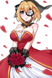 Rule 34 | 1girl, bad id, bad pixiv id, bare shoulders, blonde hair, blue eyes, bouquet, bow, breasts, choker, cross, cross necklace, dress, eyepatch, flower, flower eyepatch, hair bow, highres, jewelry, large breasts, looking at viewer, necklace, petals, prince of wales (warship girls r), red dress, red flower, red rose, rose, short hair, smile, solo, strapless, strapless dress, v arms, veil, wan nian da zha de r, warship girls r, wedding dress