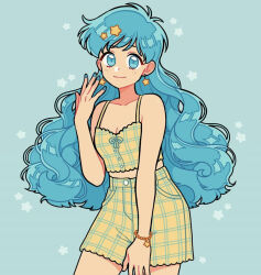 Rule 34 | 1girl, blue background, blue eyes, blue hair, blue nails, bow, bracelet, buttons, commentary, crop top, earrings, emily kim, gold bracelet, hair ornament, hand up, highres, houshou hanon, jewelry, long hair, mermaid melody pichi pichi pitch, plaid, plaid shirt, plaid shorts, shirt, shorts, simple background, smile, solo, spaghetti strap, star (symbol), star bracelet, star earrings, star hair ornament, tank top, yellow shirt, yellow shorts