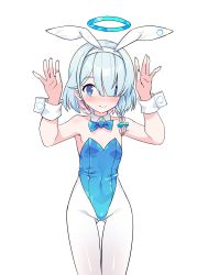 Rule 34 | 1girl, absurdres, animal ears, arms up, arona (blue archive), bare shoulders, blue archive, blue bow, blue bowtie, blue eyes, blue hair, blue leotard, blush, bow, bowtie, braid, closed mouth, collar, commentary request, detached collar, fake animal ears, hair over one eye, hairband, halo, harigane shinshi, highres, leotard, long hair, looking at viewer, multicolored hair, pantyhose, pink hair, playboy bunny, rabbit ears, simple background, single braid, smile, solo, strapless, strapless leotard, thigh gap, two-tone hair, white background, white collar, white hairband, white pantyhose, wing collar, wrist cuffs