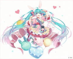 Rule 34 | 1girl, :d, ahoge, animal ear fluff, animal ears, aqua hair, arm up, balloon, blue eyes, boots, bow, character name, commentary, copyright notice, cross-laced footwear, dress, flower, gradient hair, hair bow, hakusai (tiahszld), hand up, hatsune miku, heart, heart balloon, lace-up boots, long hair, looking at viewer, midair, multicolored hair, open mouth, pink dress, pink hair, puffy short sleeves, puffy sleeves, rabbit ears, red bow, revision, roller skates, rose, short sleeves, skates, smile, solo, striped, striped bow, teeth, thighhighs, thighhighs under boots, twintails, upper teeth only, very long hair, vocaloid, white background, white footwear, white thighhighs, yellow flower, yellow rose