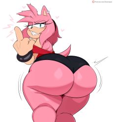 Rule 34 | 1girl, absurdres, amy rose, angry, ass, blush, bracelet, curvy, earrings, furry, gloves, green eyes, hairband, hedgehog, hedgehog ears, hedgehog girl, hedgehog tail, highres, huge ass, jewelry, jiggle, jinu (jinusenpai), looking at viewer, middle finger, motion lines, sharp teeth, short hair, short shorts, shorts, solo, sonic (series), tail, teeth, thick thighs, thighs, white gloves