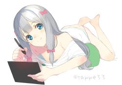 Rule 34 | 10s, 1girl, areola slip, bare legs, bare shoulders, barefoot, blue eyes, body blush, bow, breasts, collarbone, commentary request, downblouse, drawing tablet, eromanga sensei, hair bow, hanging breasts, head tilt, holding, izumi sagiri, legs up, long hair, low-tied long hair, lying, mibu natsuki, nail polish, no bra, off shoulder, on stomach, panties, pillow, pink bow, pink nails, pink panties, shirt, silver hair, simple background, small breasts, solo, srylus, stylus, tareme, the pose, twitter username, underwear, very long hair, white background, white shirt