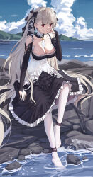 Rule 34 | 1girl, absurdres, azur lane, between breasts, black dress, black gloves, breasts, cleavage, cloud, dated, day, dress, formidable (azur lane), frilled dress, frills, gloves, hair ribbon, highres, large breasts, light brown hair, long hair, looking at viewer, no shoes, ocean, outdoors, pantyhose, red eyes, ribbon, rock, signature, sitting, solo, sun gzf, twintails, two-tone dress, two-tone ribbon, very long hair, water