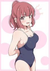 Rule 34 | 1girl, armpits, arms behind back, bare shoulders, blue one-piece swimsuit, blush, breasts, collarbone, crust gm0, dot nose, embarrassed, female focus, koisuru asteroid, legs, looking at viewer, medium breasts, medium hair, one-piece swimsuit, open mouth, red eyes, red hair, sakurai mikage, school swimsuit, solo, standing, swimsuit, thick thighs, thighs