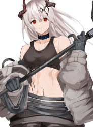 Rule 34 | 1girl, absurdres, aokuma (yuuran create), arknights, bare shoulders, black choker, black gloves, breasts, choker, commentary, crop top, gloves, hair between eyes, hand up, highres, horns, infection monitor (arknights), long hair, long sleeves, material growth, medium breasts, midriff, mudrock (arknights), mudrock (elite ii) (arknights), navel, oripathy lesion (arknights), parted lips, pointy ears, red eyes, silver hair, simple background, solo, sports bra, stomach, upper body, white background