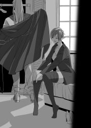 Rule 34 | 1boy, 1girl, bed, cape, chisato madison, dias flac, earrings, greyscale, high heels, highres, jewelry, mitsuba 001, monochrome, open mouth, pointy ears, short hair, smile, star ocean, star ocean the second story, window