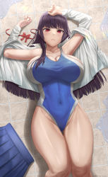 Rule 34 | 1girl, absurdres, arms up, bare shoulders, blue one-piece swimsuit, breasts, cleavage, closed mouth, collarbone, competition swimsuit, covered navel, frown, highleg, highleg swimsuit, highres, huge breasts, ijiranaide nagatoro-san, long hair, long sleeves, looking at viewer, lying, on back, one-piece swimsuit, open clothes, open shirt, purple hair, red eyes, shirt, silvertsuki, solo, sunomiya sana, swimsuit, thigh gap, thighs, white shirt