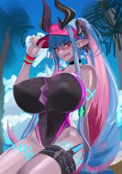 Rule 34 | 1girl, bare shoulders, black one-piece swimsuit, blue hair, blue sky, blush, body markings, breasts, cleavage, collarbone, colored skin, covered navel, dark-skinned female, dark skin, earrings, fate/grand order, fate (series), grey skin, hair between eyes, highleg, highleg swimsuit, highres, horns, huge breasts, ibuki douji (fate), ibuki douji (swimsuit berserker) (fate), ibuki douji (swimsuit berserker) (first ascension) (fate), jewelry, kasumi saika, long hair, looking at viewer, multicolored hair, one-piece swimsuit, oni, oni horns, palm tree, pink hair, pink headwear, pink one-piece swimsuit, pointy ears, ponytail, red eyes, sidelocks, sky, smile, swimsuit, tail, thigh strap, thighs, tongue, tongue out, tree, two-tone swimsuit, visor cap, wristband