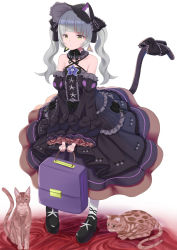 Rule 34 | 1girl, animal, animal ears, black bow, black dress, black footwear, black sleeves, bow, brown eyes, cat, cat ears, cat girl, cat tail, closed mouth, commentary request, criss-cross halter, detached sleeves, dress, frilled bow, frills, full body, gothic lolita, grey hair, hair bow, halterneck, highres, holding, hololive, juliet sleeves, lolita fashion, long hair, long sleeves, murasaki shion, murasaki shion (gothic lolita), natsuki (natukituki), pantyhose, puffy sleeves, shoes, sidelocks, solo, standing, tail, tail bow, tail ornament, tail raised, twintails, v-shaped eyebrows, very long hair, virtual youtuber, white background, white pantyhose, wide sleeves