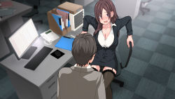 Rule 34 | 1boy, 1girl, blush, breasts, brown hair, chair, cleavage, embarrassed, formal, from above, garter straps, highres, indoors, keyboard (computer), large breasts, legs, long hair, looking at another, monitor, mouse (computer), nymphomatic city, office, office lady, open mouth, original, panties, pantyshot, phone, pink eyes, sitting, skirt, suit, table, thighhighs, thighs, touji (tj studio), underwear
