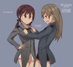 Rule 34 | 2girls, adjusting clothes, blue background, blush, bookmarkahead, bow, breasts, brown hair, closed mouth, english text, female focus, gertrud barkhorn, hair bow, hair ornament, johanna wiese, military, military uniform, multiple girls, open mouth, panties, simple background, small breasts, smile, standing, strike witches, twintails, underwear, uniform, white panties, world witches series