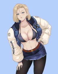 Rule 34 | 1girl, android 18, artist name, black pantyhose, blonde hair, blue background, blue eyes, blue nails, breasts, cleavage, collarbone, commentary, cowboy shot, denim, denim skirt, dragon ball, dragonball z, earrings, female focus, hoop earrings, jacket, jewelry, large breasts, looking at viewer, meziosaur, miniskirt, navel, open clothes, open jacket, pantyhose, short hair, simple background, skirt, solo, standing, stomach, thighs